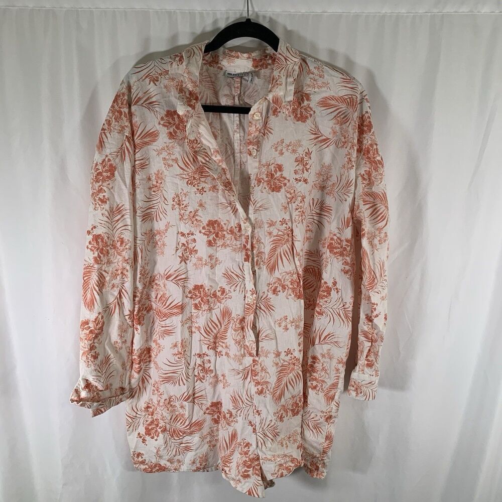 Asos Design Linen Blend Romper Women's 10 White Red Floral Long Sleeve Button Up
